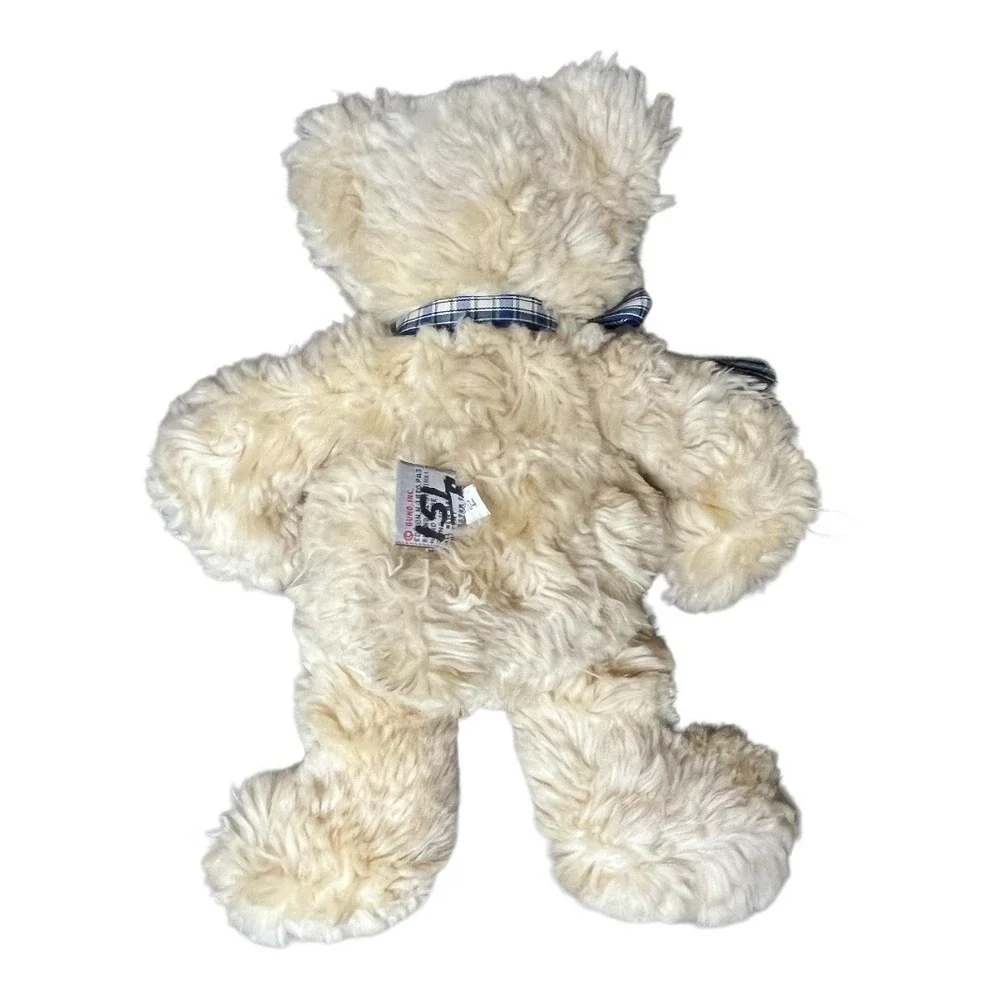 Gund Gordon Teddy Bear‎ Plush Tan Beige 15037 Shaggy Fur Blue Plaid Ribbon 12in